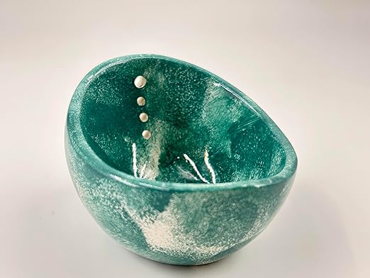 Ceramic Herb Stripper Bowl with Multi-Size Holes, Handmade Kitchen Tool, White (Dark Blue)