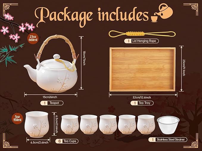 Japanese Tea Set, White Porcelain tea set with 1 Teapot(23 oz/660ml), 6 Tea cups(5.3 oz/150ml), 1 Tea Tray, Golden plum blossom relief, Asian tea sets for adults (Golden plum-White)