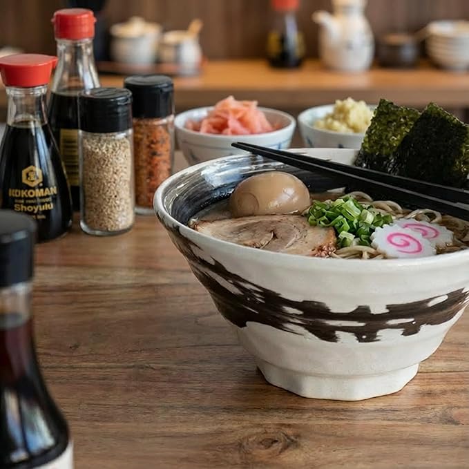 Artisan One-Stroke Noodle Bowl - Handmade Japanese Ceramic Ramen & Udon Bowl, White