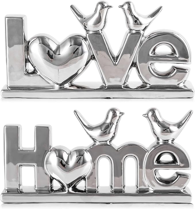 Ceramic Love & Home Sign Decor with Bird Statues Set 2,10" Modern Silver Tabletop Sculptures for TV Stand,Floating Shelf & Entryway,Romantic Wedding & Warm Housewarming Gift Set (Silver)