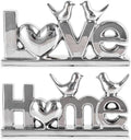 Ceramic Love & Home Sign Decor with Bird Statues Set 2,10" Modern Silver Tabletop Sculptures for TV Stand,Floating Shelf & Entryway,Romantic Wedding & Warm Housewarming Gift Set (Silver)