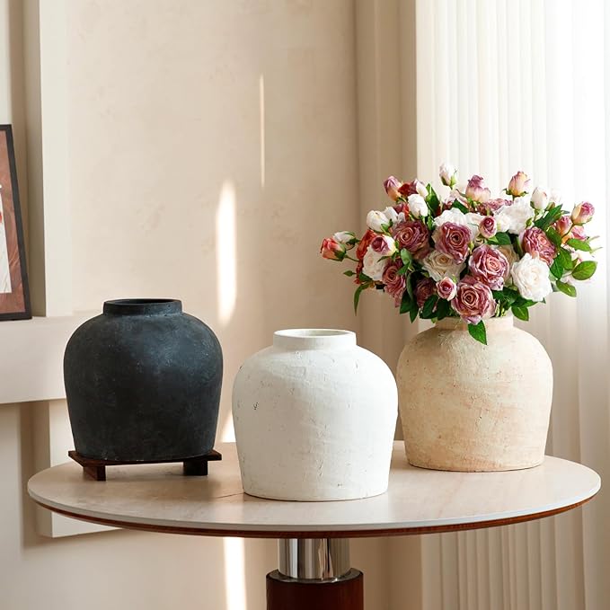 Large Ceramic Vase, 11" Rustic Farmhouse Terracotta Vase for Home Decor, Artisan Decorative Flower Vase for Living Room, Table Centerpiece, Bedroom (Terracotta Beige)