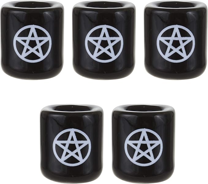 Mega Candles 5 pcs Ceramic White Pentacle Chime Ritual Spell Candle Holder - Black