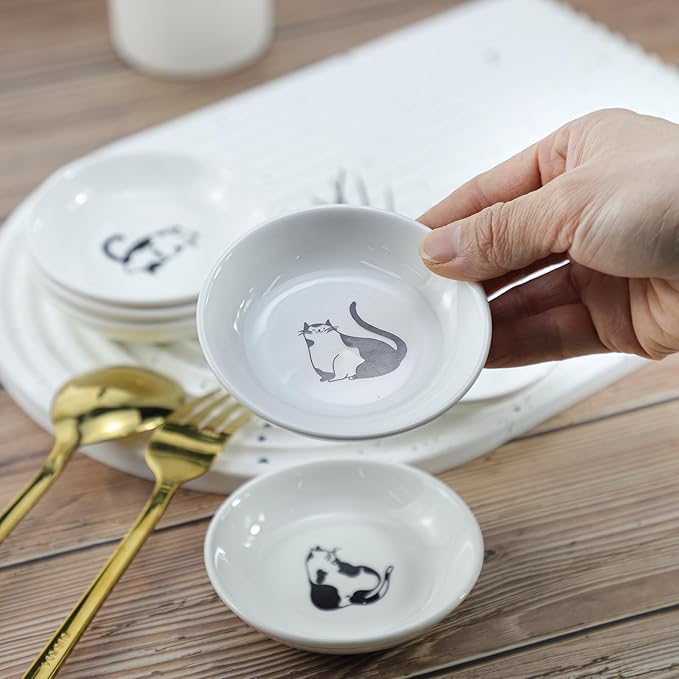 SOCOSY Super Cute Gentleman Cat Ceramic Sauce Dish/Seasoning Dish/Sushi Soy Dipping Bowl/Appetizer Plates/Serving Dish for Kitchen Home(Set of 6)