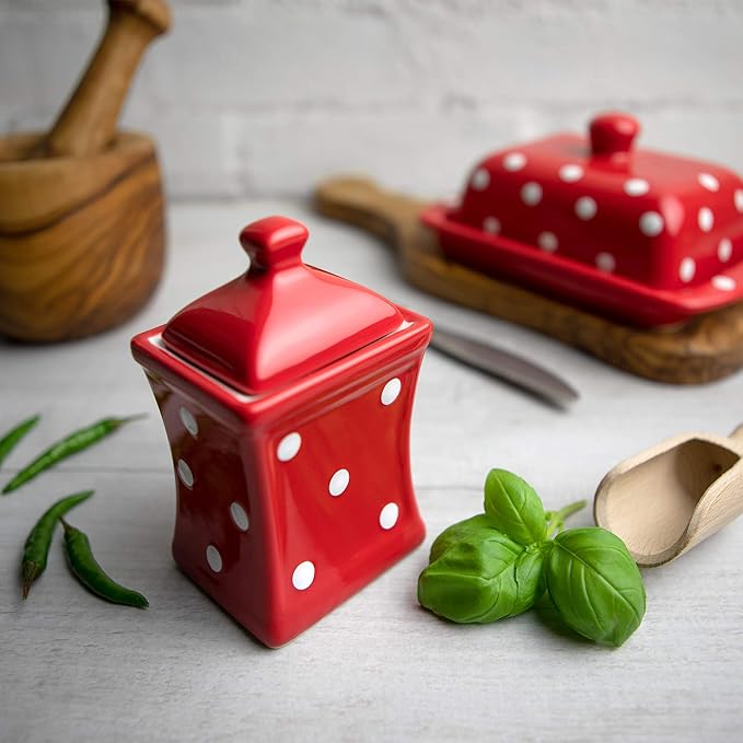 City to Cottage Handmade Small 5.3oz/150ml Ceramic Kitchen Herb, Spice, Storage Jar with Lid, Pottery Canister, Housewarming Gift (Red Polka Dot)