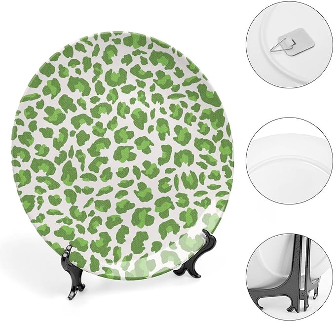 Fashion Plates Leopard Animal Print Green And Gray Custom Decor for Kitchen Wedding Festival Club Ceramic Hanging Decorative Plate with Display Stand And Hook Up, Multi Sizes, Gifts for Men Women