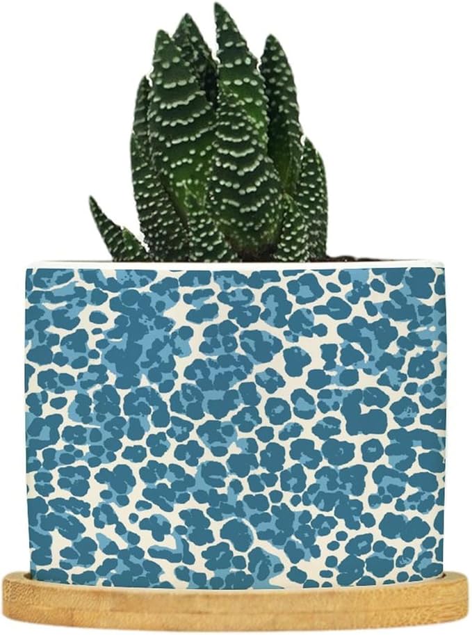 Leopard Blue and Beige Ceramic Planters African Tribal Animal Print Snake Plant Live Indoor with Pot with Drainage Holes and Saucers Pot for Succulents Cactus Garden Windowsill