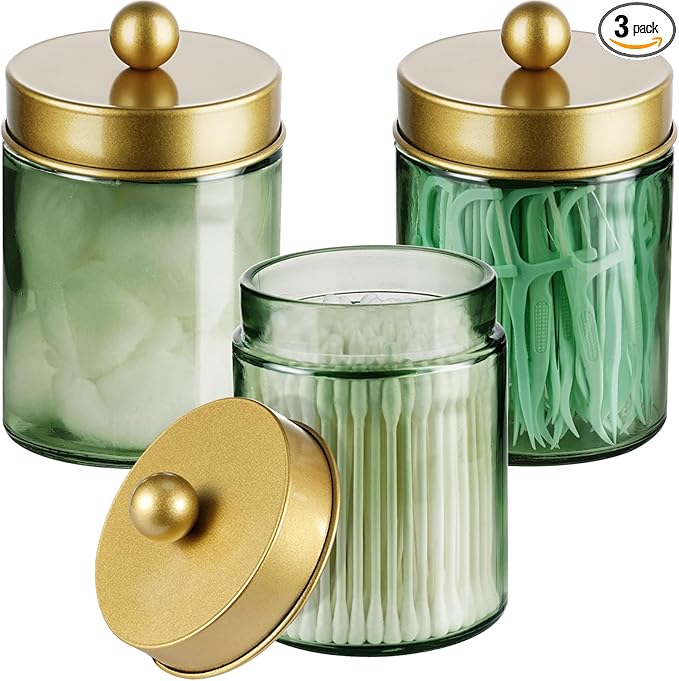 3 Pack Apothecary Jar Canisters Bathroom Vanity Organizer - Qtip Holder Storage Organizer Set Countertop Canister with Stainless Steel Lids &Cute Stickers for Qtips,Cotton Swabs,Makeup Sponges,Floss
