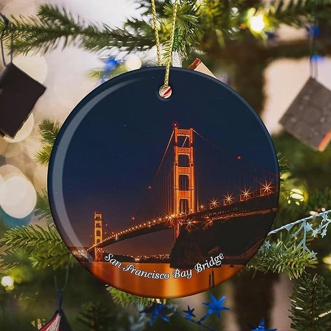California San Francisco Bay Bridge USA America Christmas Ornaments for Tree Ceramic Pendant Double Sided Ornament Decor Xmas Gifts Porcelain Hanging Travel Souvenirs Birthday Gift for Family Son