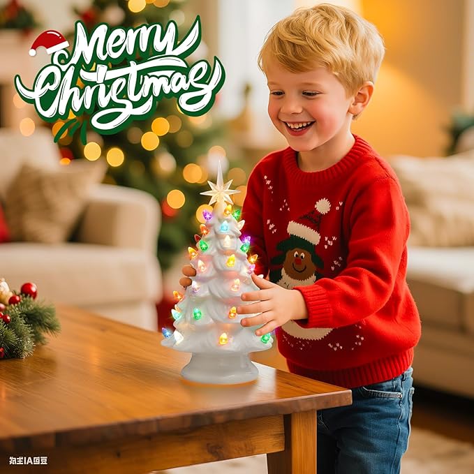 13 Inch Ceramic Christmas Tree, Tabletop Christmas Tree with Multicolored LED Lights and Star, Battery Operated Vintage Lighted Ceramic Tree for Home Office Table Holiday Decorations, White