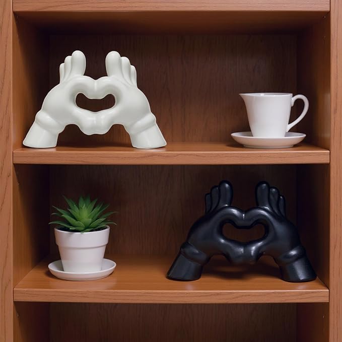 Zerzsy Set of 2 Heart Hands Sculpture Figurine Decor, Modern Style Sculptures Decorative Loving Finger Statues, Valentines Day Decorations for Office Home Decor - Black&White