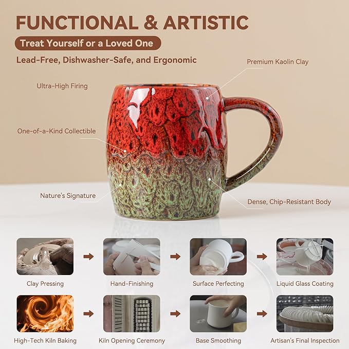 Unique 22OZ Ceramic Coffee Mug with Ergonomic Handle, Microwave & Dishwasher Safe – Red & Green Glazed Ceramic Mug – Gift for Coffee & Tea Lovers, Ideal for Office & Home Use
