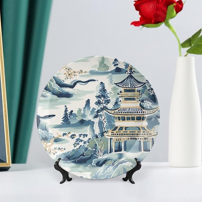 Blue And White Chinoiserie Pagoda Ming Toile Asian Ceramic Decorative Plate for Display Table Art Decoration Supplies Household Office Holiday Party Decorations Customize Gifts for Men Women Holiday