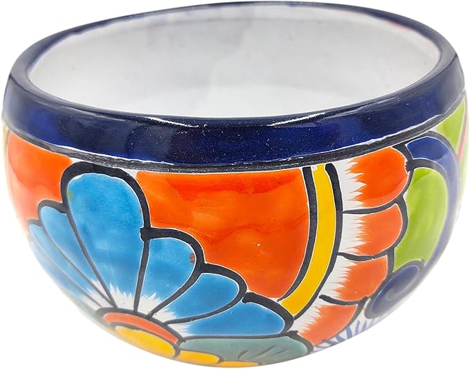 Cactus Canyon Ceramics Talavera Ceramic Planter, Hand-Painted Mexican Floral Print Plant Pot, Indoor Outdoor Round Bowl with Drainage Hole, Rustic Terracotta Decor, 8.5 Inch, Dark Blue Multicolor