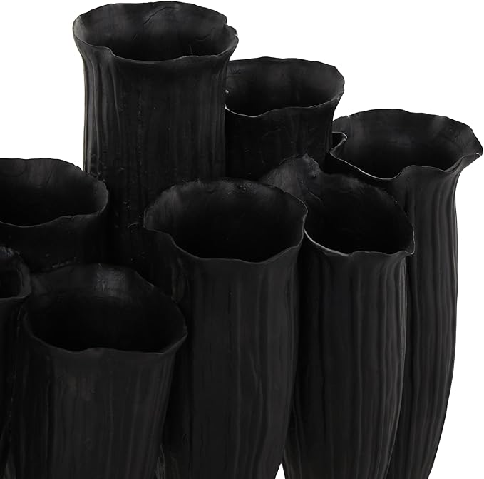 Deco 79 Ceramic Abstract Decorative Vase Floral Inspired 10 Openings Centerpiece Vase with Linear Grooves, Flower Vase for Home Decoration 13" x 5" x 11", Black