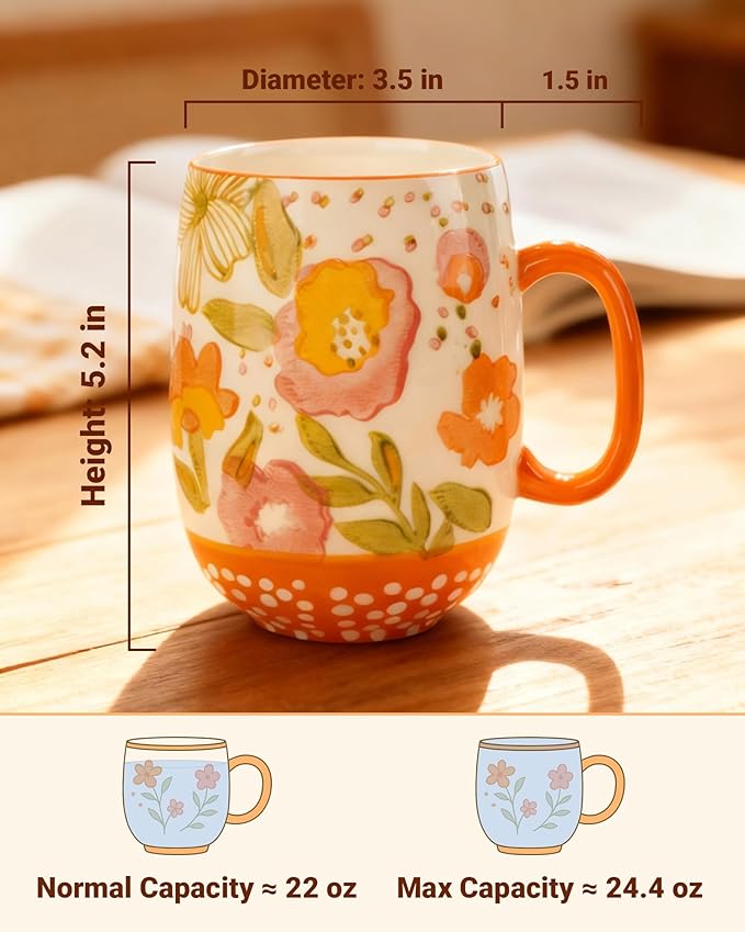 Large 24oz Ceramic Coffee Mug with Handle for Coffee or Tea, Hand-Painted Floral Pottery Mug for Women, Durable Microwave & Dishwasher Safe, Christmas Gift for Family, Holiday & Fall Decor