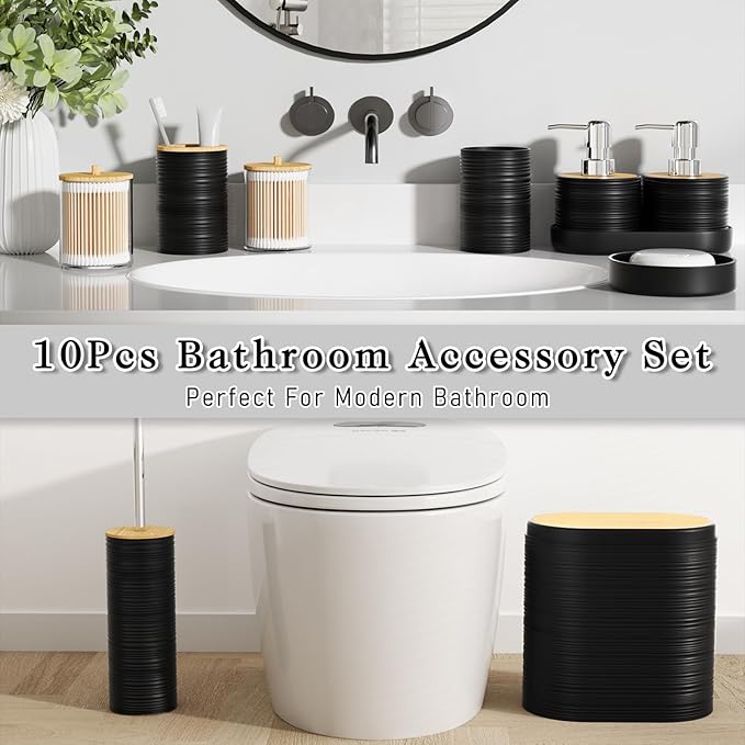 Black Bathroom Set - 10PC Bathroom Accessories Set, Luxury Bathroom Accessory Set with Trash Can,Toilet Brush & 2 PC Soap Dispensers for Apartment Decor and Housewarming