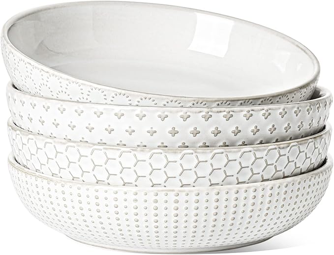 LE TAUCI Pasta Bowl 36 oz, Salad Bowl Serving Plate Bowls, Housewarming Wedding Present, Ceramic Embossment Bowl for Pasta, Fruits, Salad, Noodle, Dinner - 8 Inch, Set of 4, Arctic White