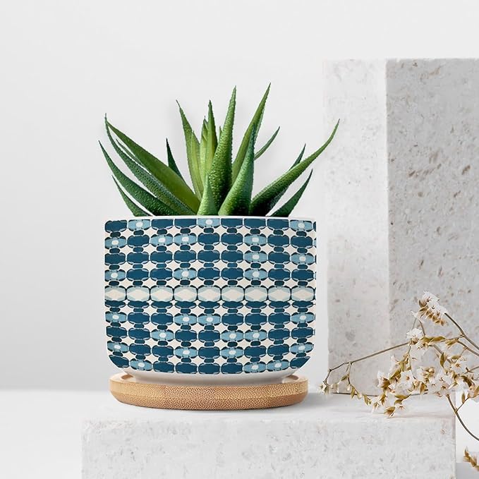 DreamAutumn Navy Blue Geometric Pattern Ceramic Pots for Plants with Drainage Holes Round Flower Pot Bamboo Tray Orchid Pot Succulents Pots for Outdoor Indoor Plants,Housewarming Gifts