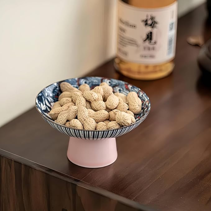 Vintage Blue and White Porcelain Tea Pastry Tray - Footed Fruit Platter, Ceramic Serving Tray, Snack Dessert Nut Bowls, Asian Style Small Plates, Japanese Chinese Phoenix Design