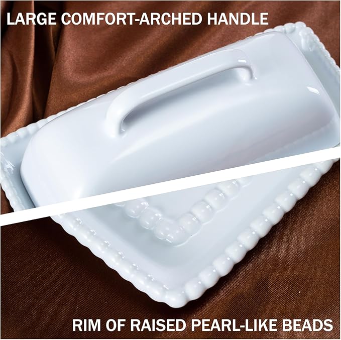 White Ceramic Butter Dish with Lid-Vintage Pearl Embossed Edge & Large Arc Handle-Keeps Butter Fresh on Countertop or in Fridge-Dishwasher & Microwave Safe