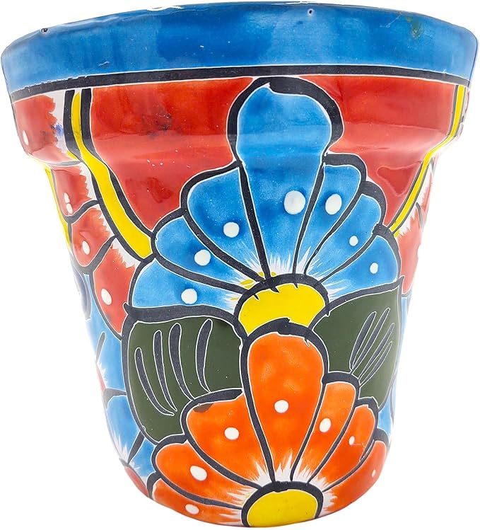 Cactus Canyon Ceramics Talavera Planter, Hand-Painted Mexican Traditional Ceramic Pot with Drainage Hole, Indoor Outdoor Rustic Botanical Terracotta, 7 Inch, Red Multicolor