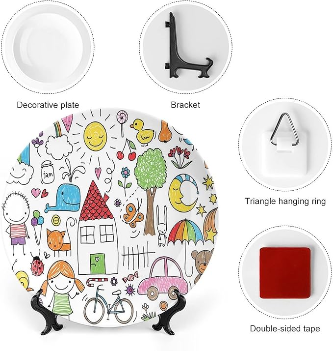 XISUNYA 8 Inch Decorative Plate, Doodle Ceramic Plate, Simple Childlike Drawing of House Girl and Boy Teddy Bear Print Ornament Display Plate Decor Accessory for Dining, Parties, Wedding