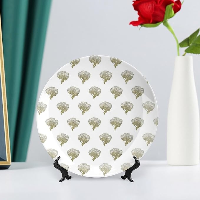 White Chinoiserie Floral Ceramic Decorative Plate of 6", 7", 9", 10", Customize Ceramic Craft for Decorative Ornaments, Kitchen Club Decorations Display, 1 Plate with 1 Display Stand