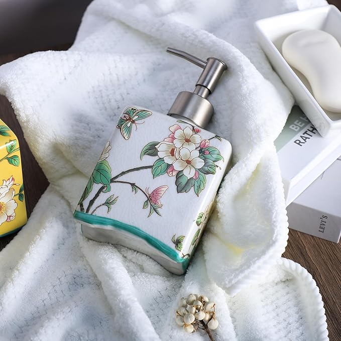 Ceramic Soap Dispenser, Lotion Bottle, Soap Bottle with Removable Pump, Flower Pattern Dispenser for Kitchen Soap, Bathroom Soap, Lotion and Essential Oil-Beige-13 OZ