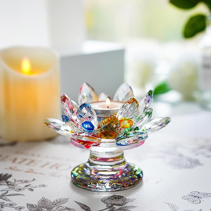 H&D HYALINE & DORA Colorful Crystal Lotus Flower Candle Holder Tealight Holders (4.5inch-Multi)
