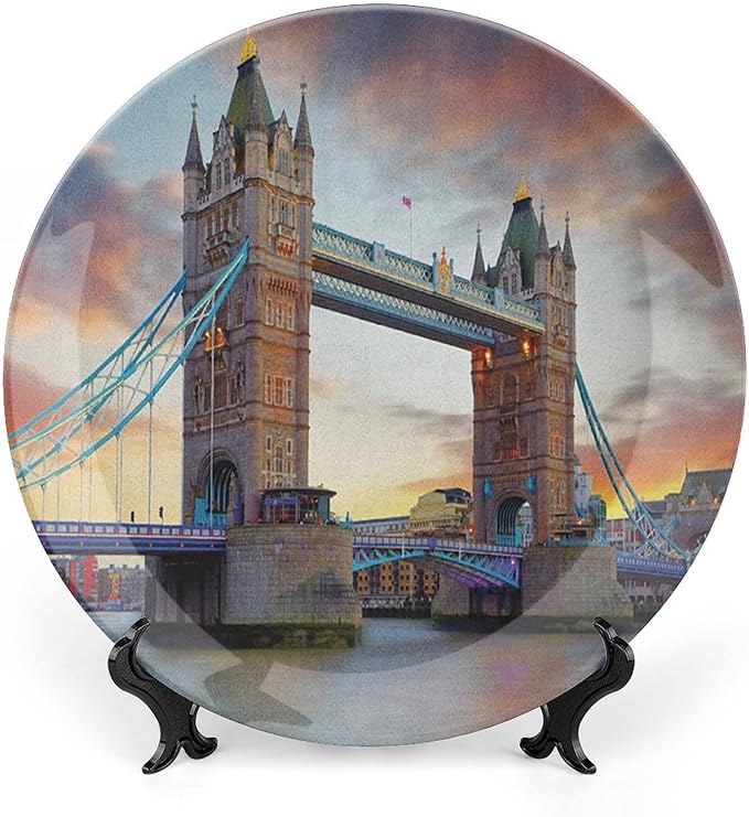 XISUNYA 10 Inch Decorative Plate, London Dinner Plate, Historic Old Tower Bridge London British Kingdom Skyline Print Ceramic Wall Hanging for Home & Office Wall Hanging Decor, Multicolor