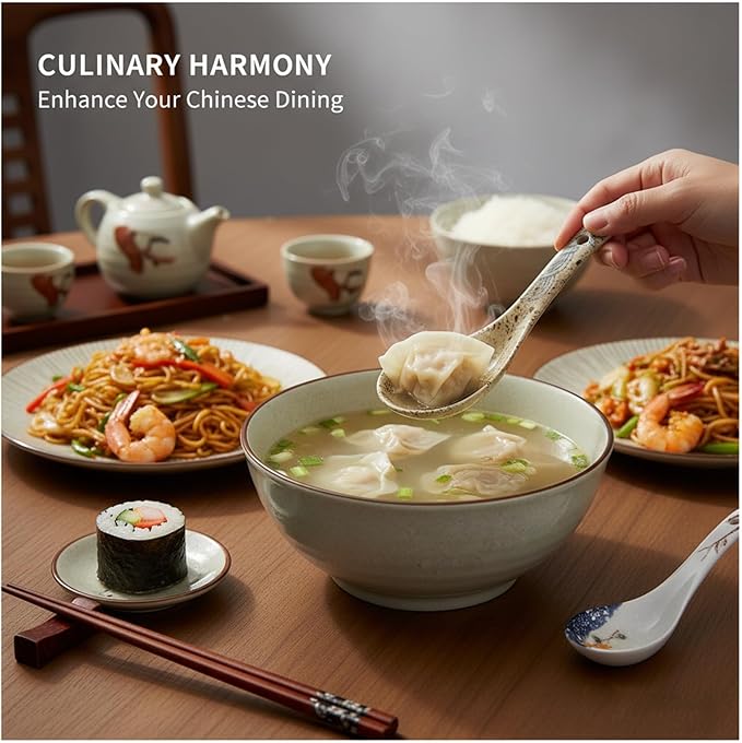 DAYUMKOU 6 Pack Asian Soup Spoon Ceramic Chinese Soup Spoons Set for Soup, Cereal, Pho, Noodles, Dumpling, Miso, Wonton Meal Partner