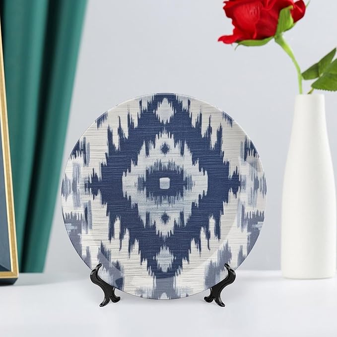 Navy Blue Grey Ikat China Plates of 6", 7", 9", 10", Customize Ceramic Ornaments Dessert Plates, Table Display Decorations Housewarming Gifts, with Display Stand And Hook Up