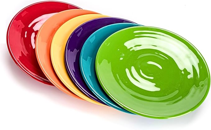 11-Inch Melamine Plates (Set of 6) - Unbreakable and Reusable Plastic Dinnerware with Ceramic Feel, Stackable and Dishwasher-Safe - Versatile for All Meals (Multicolor)