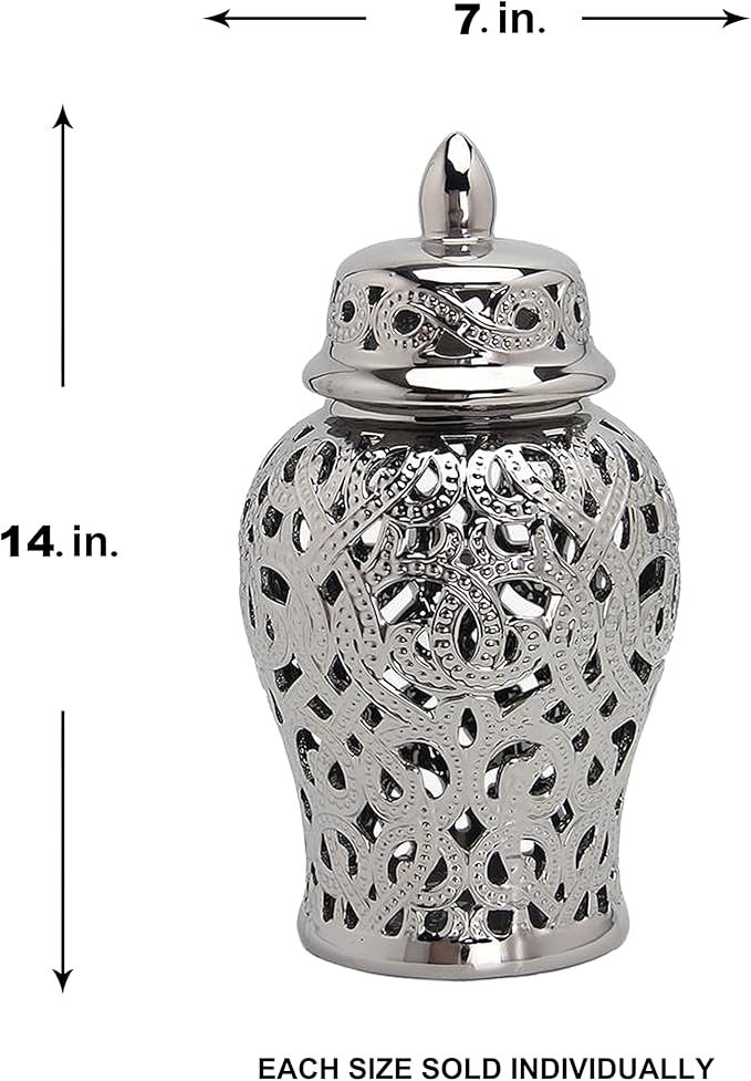 Noori Home - 100% Modern Glam Artisan Ceramic PARKER Small Silver Ginger Jar Urns with Lid 7x7x14