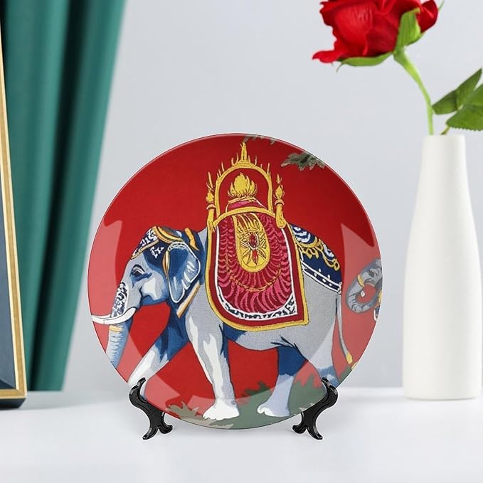 Home Decorations Vintage Plates, Thibaut Elephant French Toile in Red Customize Christmas Gifts Ceramic Dinner Plates for Kitchen Wall Housewarming Gifts Decor, with 1 Display Stand