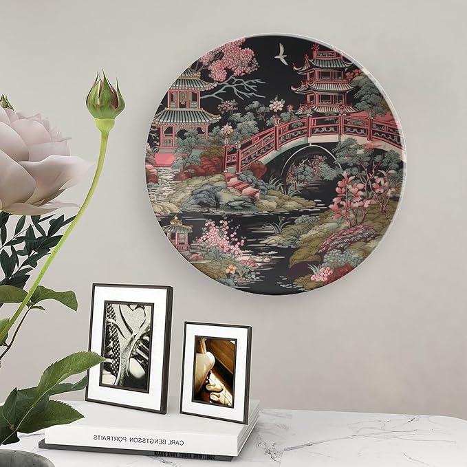 Chinoiserie Charcoal Coral Pagoda Asian Fashion Plates, Chinese Style Pagoda Ceramic Dinner Plates for Kitchen Display Decor, Including Bracket And Special Hook Art Decorations for Home Office