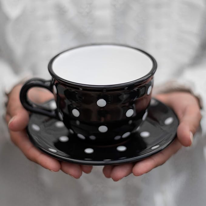 City to Cottage Handmade Black and White Polka Dot Large Ceramic 12oz/350ml Cappuccino Coffee Tea Cup and Saucer, Unique Designer Pottery for Tea Lovers