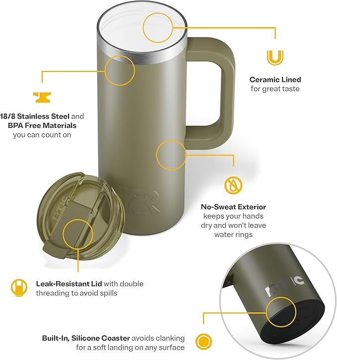 RTIC 20oz Road Trip Travel Mug with Lid and Handle, Ceramic Lined, Insulated, Stainless Steel, Metal, Double Wall Vacuum-Insulation, Portable Coffee, Tea Cup for Hot and Cold Drink, Olive