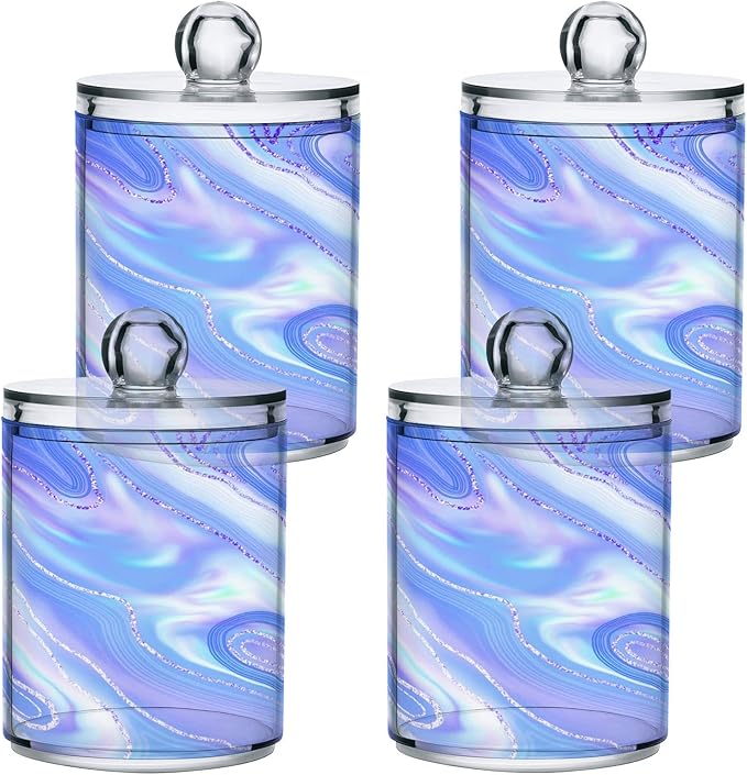 MNSRUU 4 Pack Qtip Holder Organizer Dispenser Liquid Shiny Blue Bathroom Containers Bathroom Vanity Storage Canister Apothecary Jars for Cotton Swabs/Pads/Floss