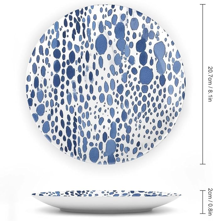 Fashion Plates Blue And White Watercolor Dots Custom Decor for Art Decoration Household Housewarming Gifts Farmhouse Dinner Plates Unique Art with Stand, Multi Sizes by Choosing, Gifts for Men Women