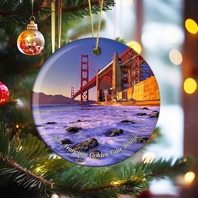 California San Francisco Golden Gate Bridge USA America Christmas Ornaments Ceramic Round Hanging Pendant Xmas Decor City Travel Souvenirs 3" Porcelain Double Sided