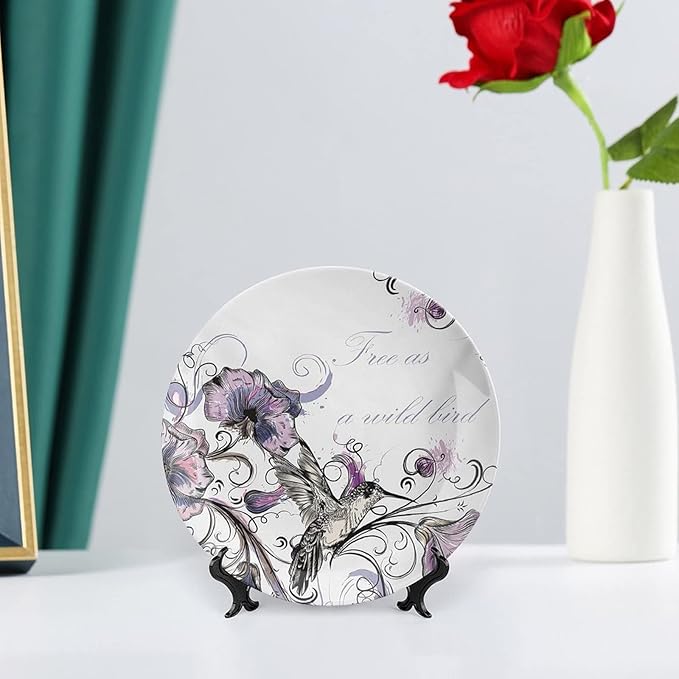 XISUNYA 6 Inch Decorative Plate, Hummingbird Dinner Plate, Flowers Leaves Bird and Classic Print Ceramic Wall Hanging Decor Accessory for Dining Table Tabletop Home Decor