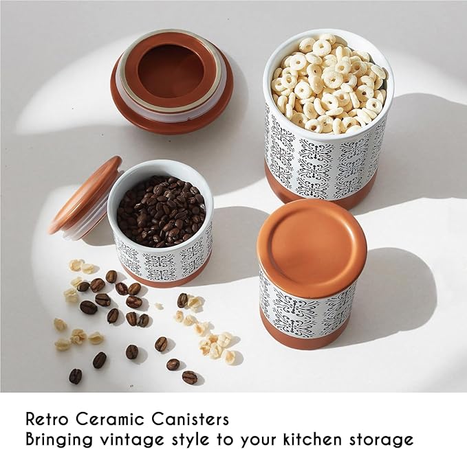 Canisters Sets for Kitchen Counter Ceramic Food Storage Jars with Airtight Lids, Sugar and Flour Containers Set of 3 - for Coffee, Tea, Spice - Stylish Countertop Décor