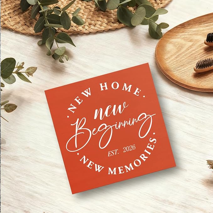 MUBIAO Rustic 2026 New Home Housewarming Gifts Ideasfor Women Men Friend Home Desk Shelf Decor - 5.1 x 5.1 Inches New Memories Decor Accessories - Orange