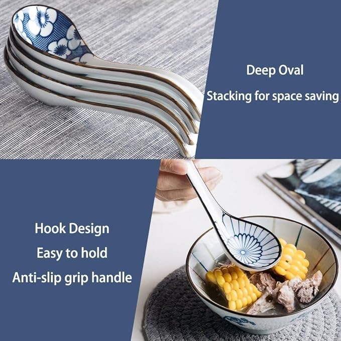 12pcs Asian Soup Spoon, Ceramic Chinese Soup Spoons, Deep Oval Hook Non-slip Japanese Spoons for Rice Ramen Pho Miso Soup Wonton Noodle, Luck and Prosperity Gifts for Friends Parents Family