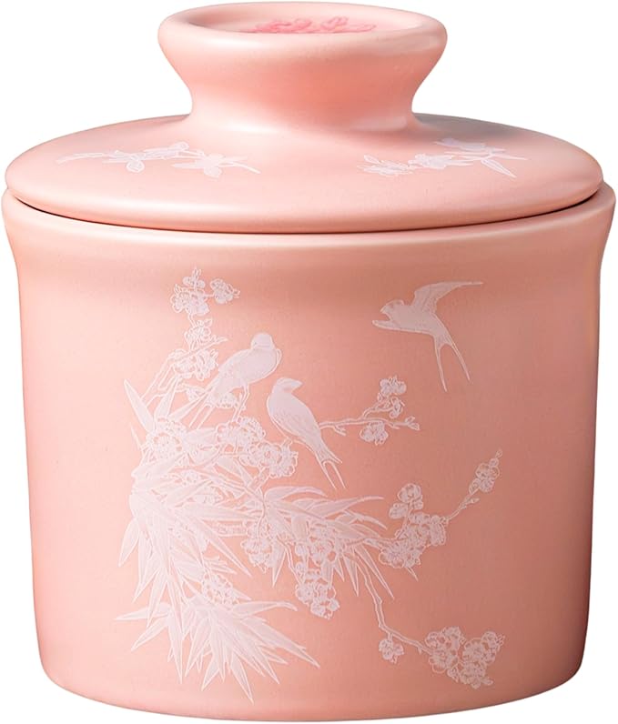 Stoneware Butter Crock with Lid, Ceramic Butter Dish with Water Line, Countertop Butter Keeper, Butter Holder for Countertop, Pink