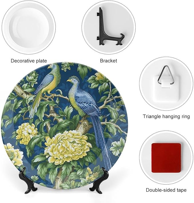 Vintage Plates Pagoda Garden Imperial Green Chinoiserie Peacock Customize Decor for Wall Display Festival Housewarming Gifts Ceramic Ornaments Dessert Plates Unique Art with Stand, Gifts