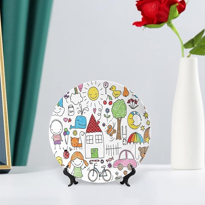 XISUNYA 7 Inch Decorative Plate, Doodle Ceramic Craft, Simple Childlike Drawing of House Girl and Boy Teddy Bear Print Ceramic Wall Hanging Decor Accessory for Dining Table Tabletop Home Decor