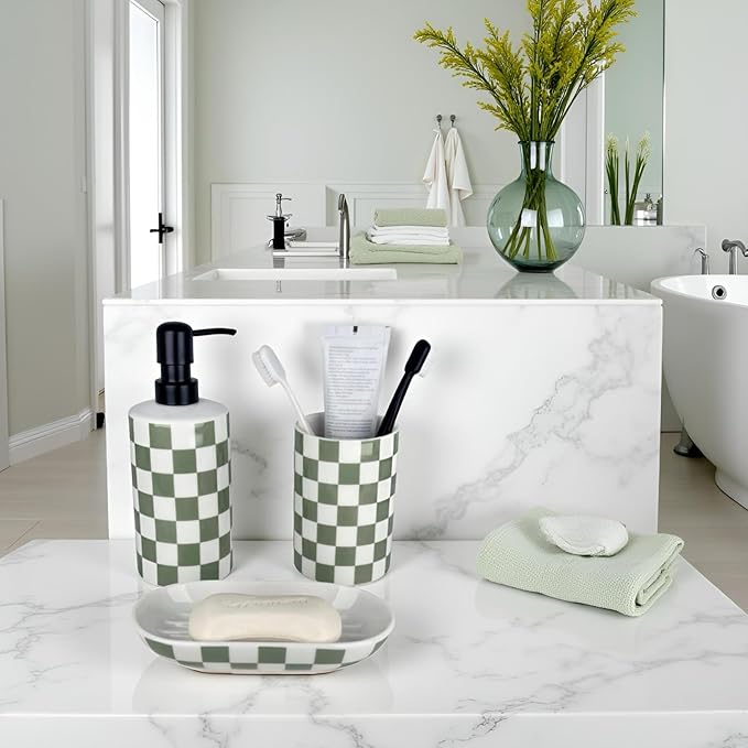 Bathroom Toothbrush Holder Set, Ceramic Soap Dispenser and Tooth Brush Holder and Soap Dish Set, Bathroom Accessories Sets Countertop, Sage Green Checkered Bathroom Decor Set